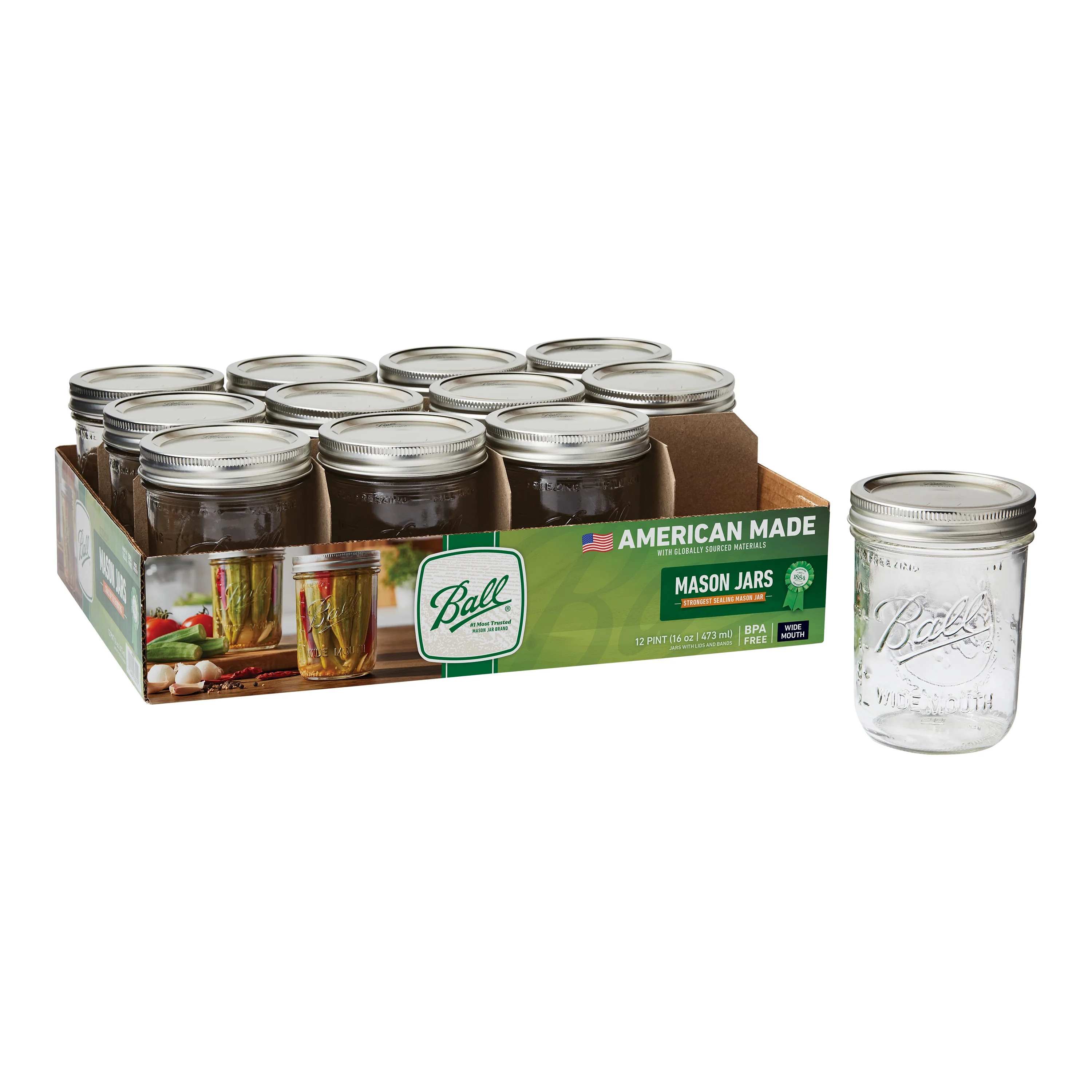 Ball® Wide Mouth Pint 16oz. Glass Mason Jars with Lids and Bands, 12 Count | Walmart (US)