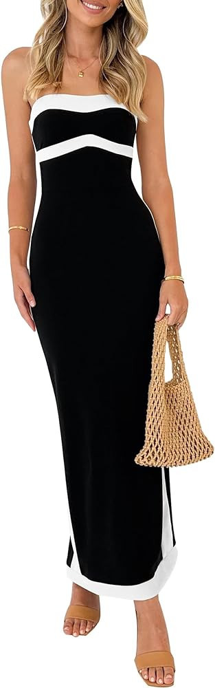 PRETTYGARDEN Women's Summer Long Bodycon Dress Sexy Strapless Back Slit Cocktail Party Tube Maxi ... | Amazon (US)