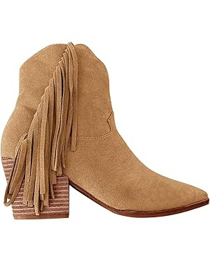 Coutgo Women's Pointed Toe Ankle Boots Chunky Block Heel Side Tassel Western Winter Booties With ... | Amazon (US)