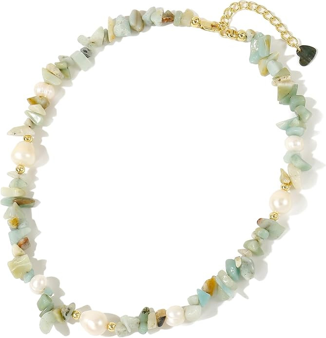Gemstone Beaded Necklace for Women Colorful Natural Stone Freshwater Pearl Surfer Beach Rainbow N... | Amazon (US)