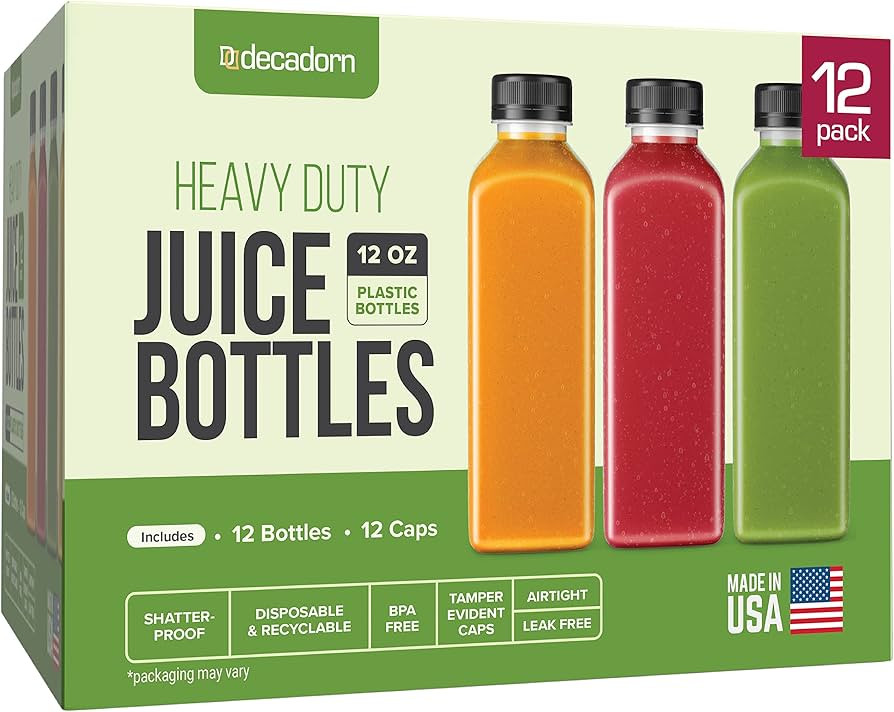 DECADORN 12oz Plastic Bottles With Caps - 12 Pack Plastic Juice Bottles For Juicing - Empty Juice... | Amazon (US)