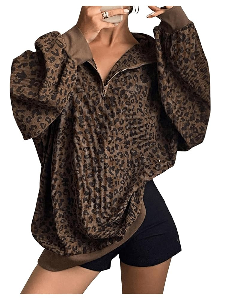 SweatyRocks Women's Leopard Print Oversized Sweatshirt Quarter Zip Collar Long Sleeve Pullover To... | Amazon (US)