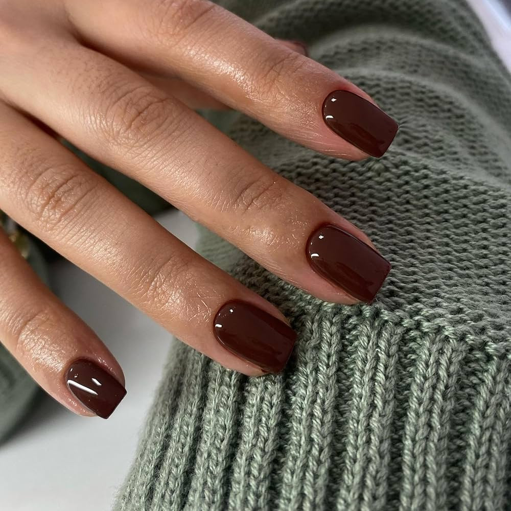 Deep Brown Press On Nails Short Square, Natural Gel Nails Glue on Fall Colors 2025 Trendy Acrylic... | Amazon (US)