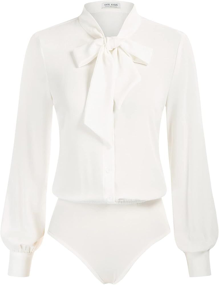 Kate Kasin Women Bow Tie Neck Office Blouse Button Down Long Sleeve Bodysuit Blouse Top | Amazon (US)