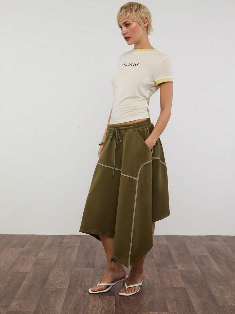 COUREZ Asymmetric Jersey Midi Skirt With Contrasting Stitching/Y2K Spring Clothes For Women Green... | SHEIN
