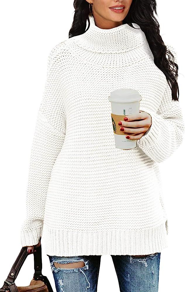 PrinStory Womens Casual Long Sleeve Turtleneck Chunky Knit Pullover Sweater Tops with Side Slit | Amazon (US)