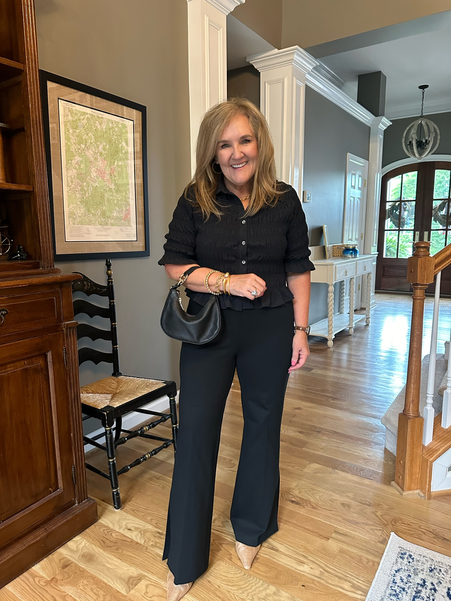 All black can take you anywhere! This is a great outfit for a business dinner or conference evening. Date night and church. It just works. Spanx pants come in many silhouettes. Not many sizes left in this with the split hem? But linking several! 
Reg price spanx items 10% off code NANETTEXSPANX 

I WEAR AN XL petite in spanx pages. Size inclusive! 

Top I’m wearing a large. Wear it buttoned or unbuttoned as a cardigan. 

These slingbacks are 🙌. Leg lengthening. Size up 1/2  

#LTKWorkwear #LTKMidsize #LTKOver40