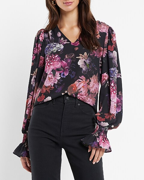 Floral Print Balloon Sleeve Flutter Cuff Top | Express
