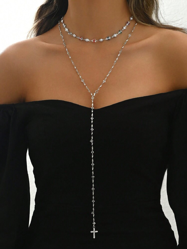 2pcs/Set Handmade Faux Pearl Butterfly Chain Necklace, Minimalist Cross Pendant Necklace For Women, Suitable For Daily Wear & Photography, Random Butterfly Color Arrangement, Adjustable Chain Length, Great Mother"S Day Gift | SHEIN