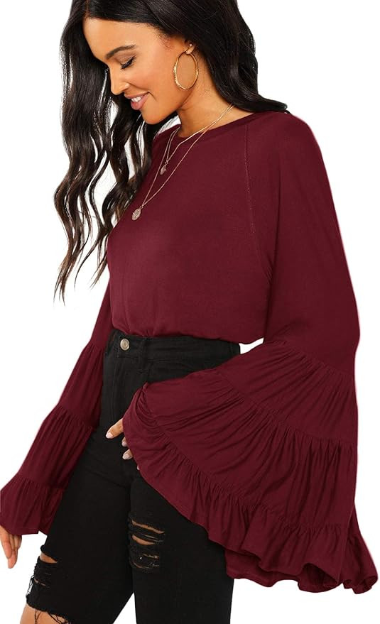 Floerns Women's Casual Boho Ruffle Long Bell Sleeve Tops Tee Shirt | Amazon (US)