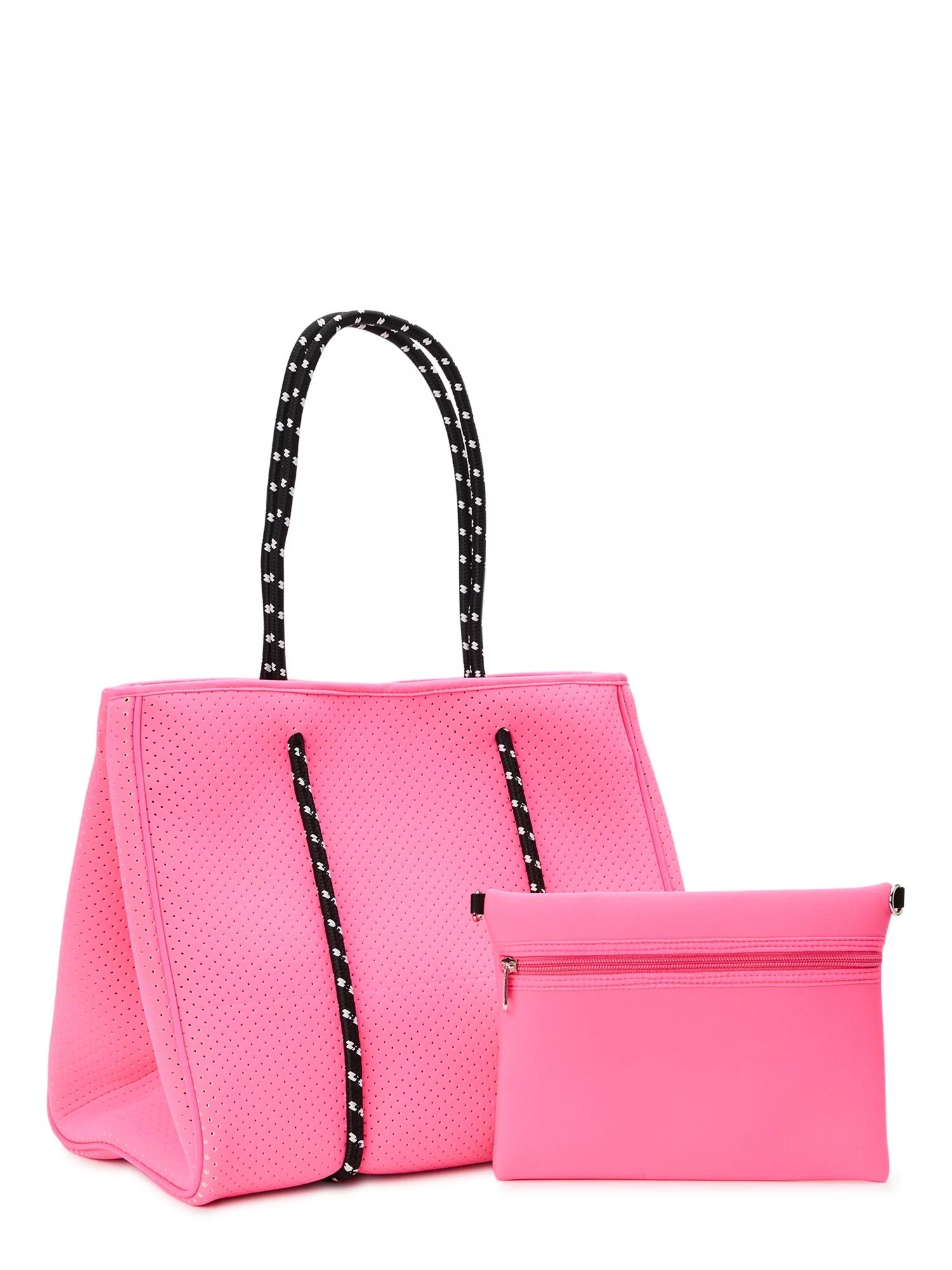 No Boundaries Women's 2- Piece Neoprene Beach Tote Handbag with Removable Zipper Pouch, Pink | Walmart (US)