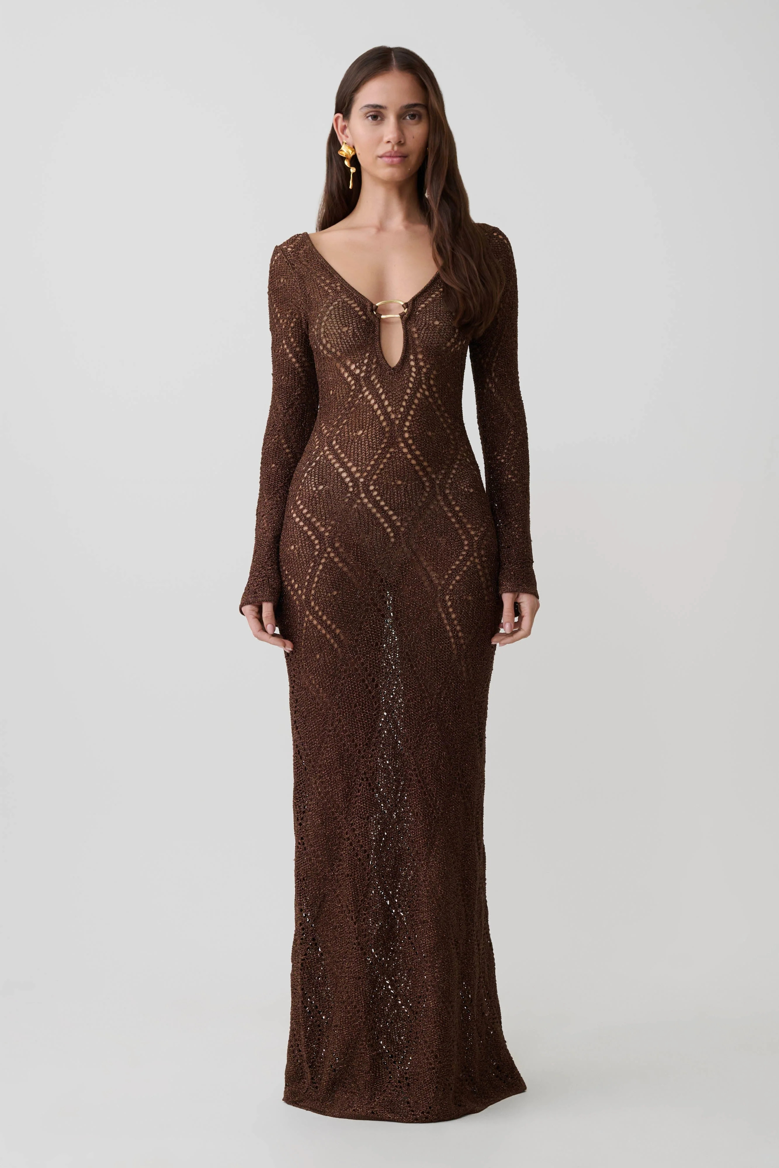 Chelsea Lurex Crochet Maxi Dress - Bronze | MESHKI US