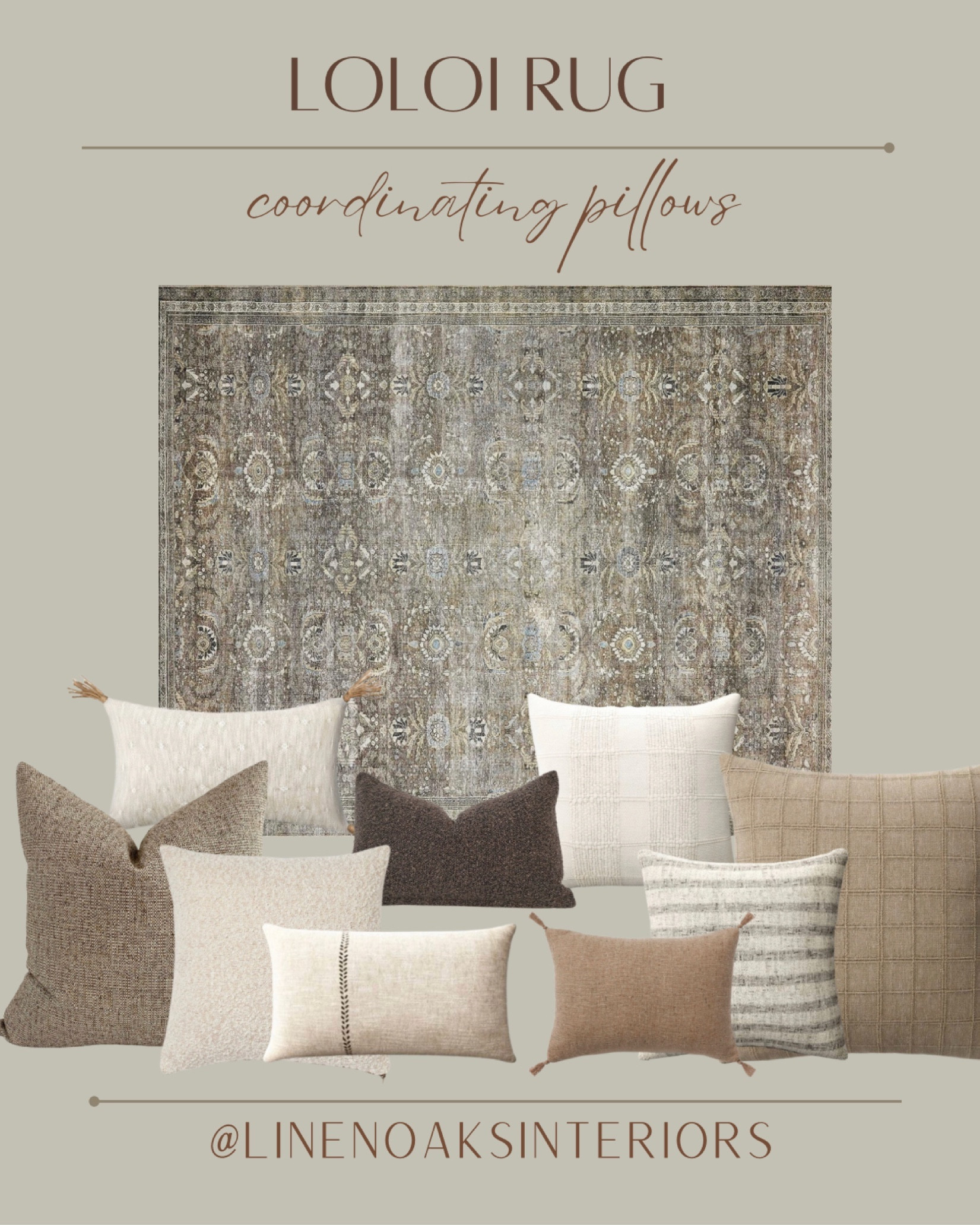 Pillows coordinating with the Loloi Antique/Moss
Loloi rug, pillows, throw pillows, neutral pillows, pillows 

#LTKHoliday #LTKhome #LTKSeasonal