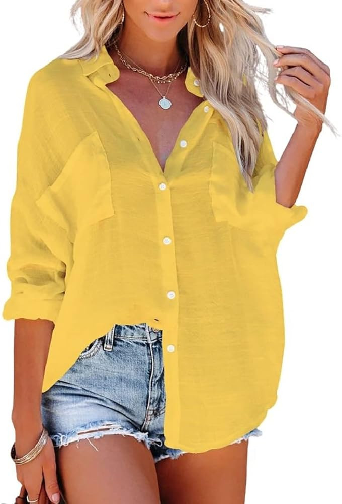 Bsubseach Button Down Swim Cover Up Shirt Sexy Long Sleeve Beach Blouse Bathing Suit Cover Ups fo... | Amazon (US)