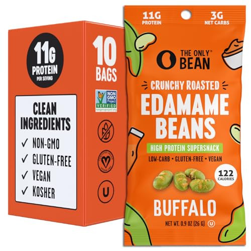 The Only Bean Crunchy Roasted Edamame Snacks (Buffalo) – High Protein (11g), Low Carb Keto Vegan Office Snack, Gluten Free Healthy Snacks for Adults and Kids, 0.9oz (Pack of 10) | Amazon (US)