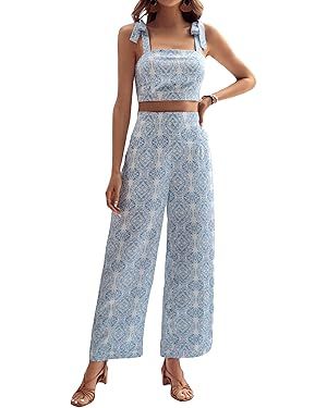 Floerns Women's 2 Piece Sets Summer Boho Floral Crop Tank Cami Tops and Wide Leg Pants Vacation O... | Amazon (US)