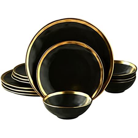 Stone Lain Porcelain 16 Piece Dinnerware Set, Service for 4, Black and Golden Rim | Amazon (US)