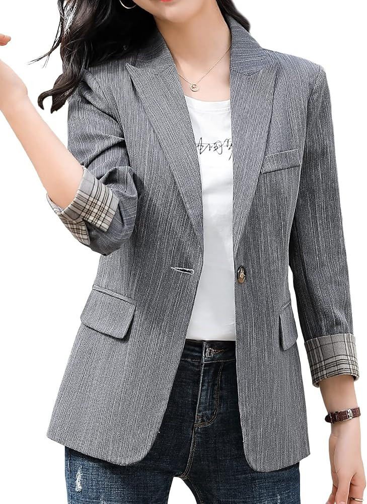 Women Blazer Jacket,One Button Casual Jacket,3/4 Sleeve Slim Fit Blazer,Stripe Work Blazer Jacket | Amazon (US)