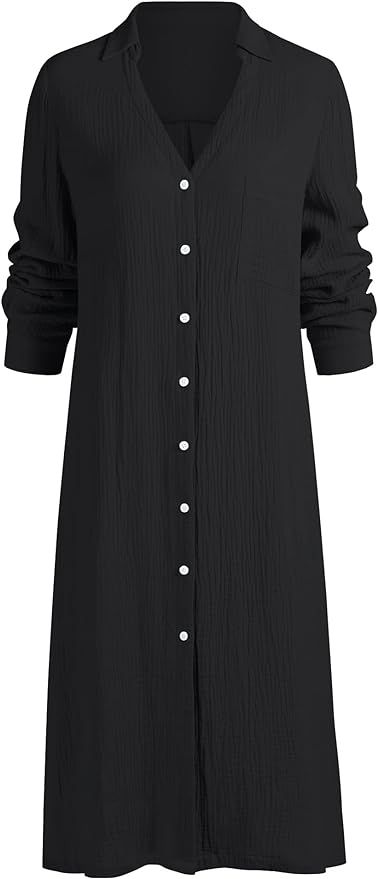 ZAFUL Womens Casual Swimwear Cover Ups Long Sleeve Button Down Blouse V Neck Midi Dress Slit Kimo... | Amazon (US)