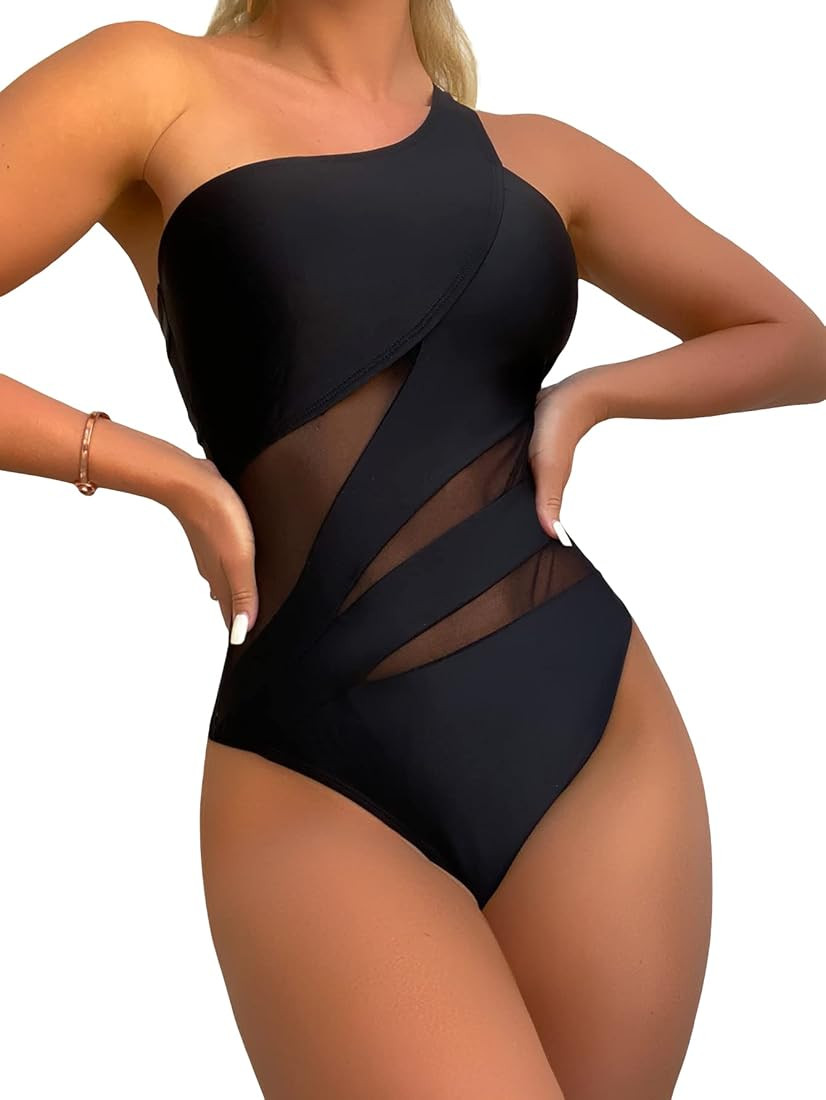 MakeMeChic Women's One Shoulder One Piece Swimsuit Contrast Mesh Bathing Suit | Amazon (US)