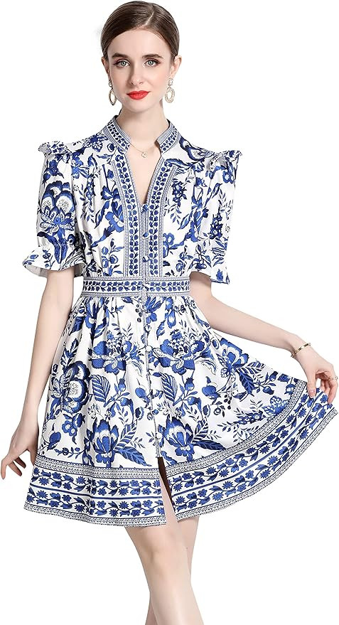 Women's Summer V Neck Bell Short Sleeve Floral Print Casual Swing Mini Dress | Amazon (US)