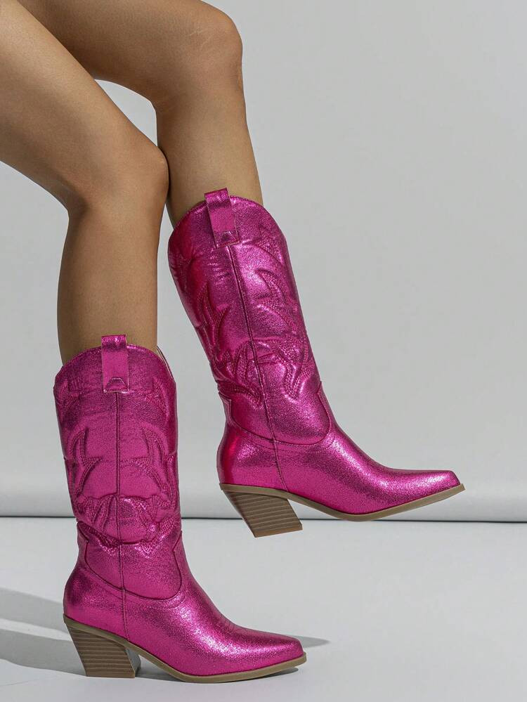 Women Embroidered Detail Chunky Heeled Fashion Boots, Glamorous Outdoor Western Boots | SHEIN