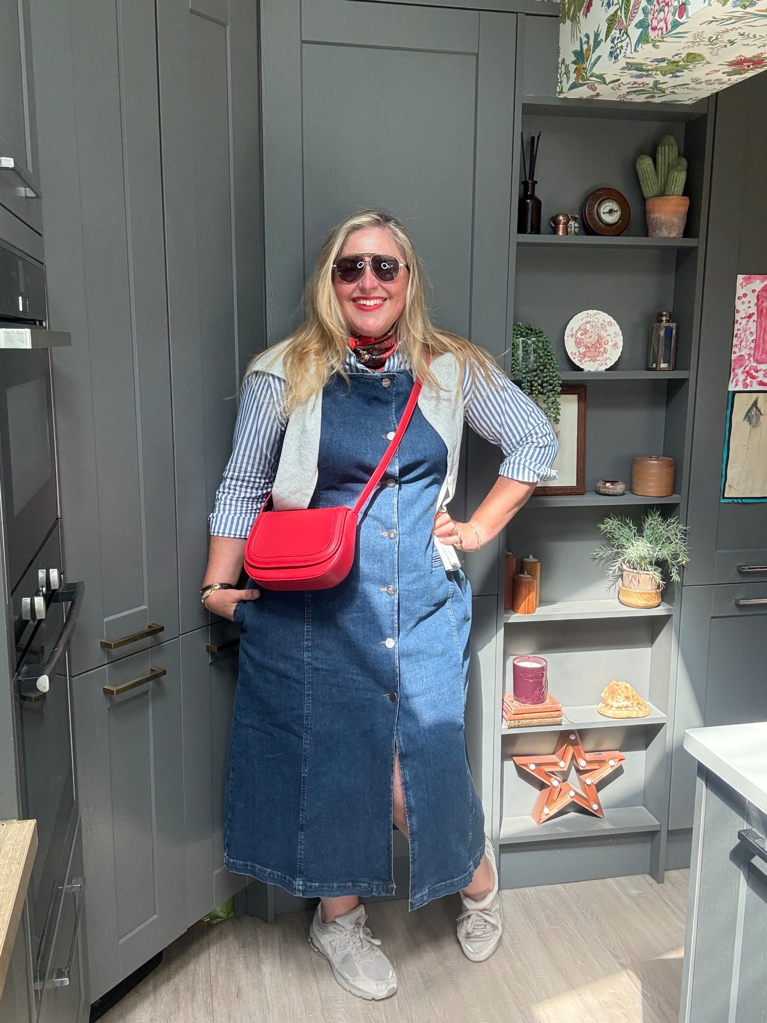 Denim dress, striped shirt, red bag, sunglasses, grey cardigan, grey trainers

#LTKplussize #LTKdresses #LTKspring