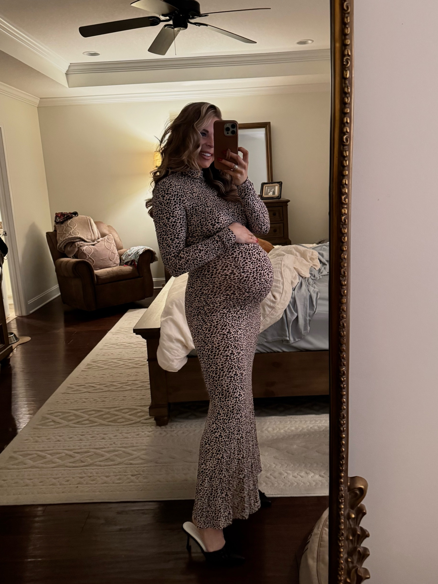 Feeling fierce this holiday season in my cheetah dress paired with these chic VICI mules 🐆✨ Perfect for parties or date nights! Not maternity, but stretchy! Use my code LAURA30 for 30% off your VICI favs. 

#LTKStyleTip #LTKBump