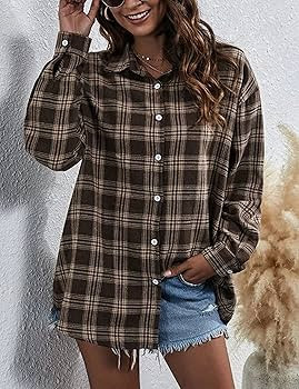 Zontroldy Plaid Flannel Shirts for Women Oversized Long Sleeve Button Down Buffalo Plaid Shirt Bl... | Amazon (US)
