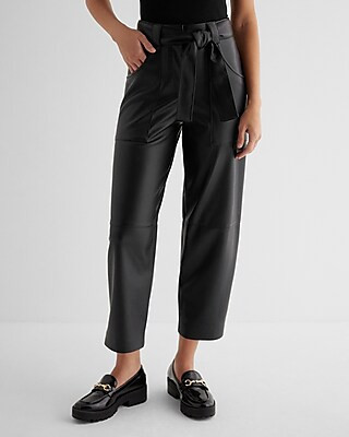 Express Women's High Waisted Faux Leather Belted Utility Ankle Pant in Black 6 | Express