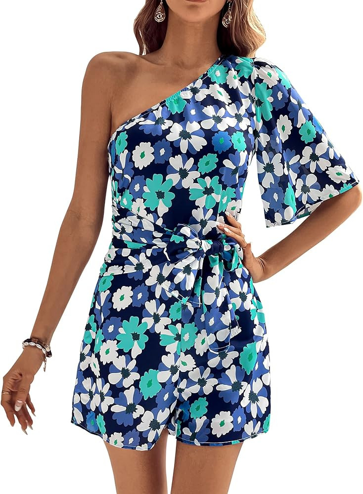 BTFBM Women's 2023 Summer One Shoulder Romper Short Sleeve Boho Floral Print Tie Waist Party Beac... | Amazon (US)