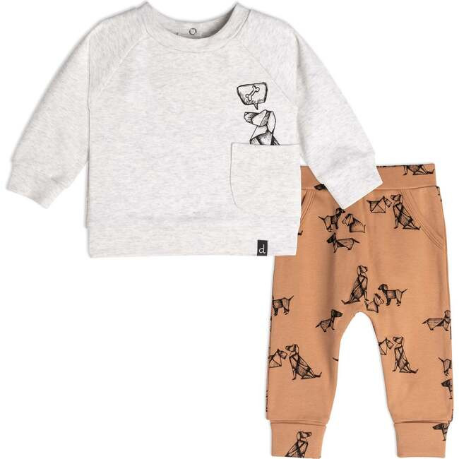 Organic Cotton Printed Dogs Top And Pant Set, Beige Mix And Brown | Maisonette