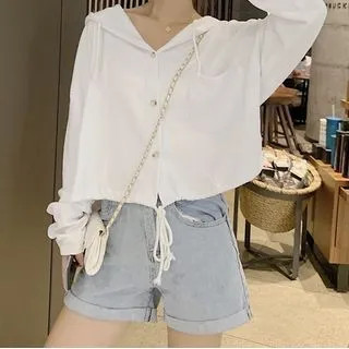 Drawstring-Hem Cropped Button-Up Hoodie | YesStyle Global