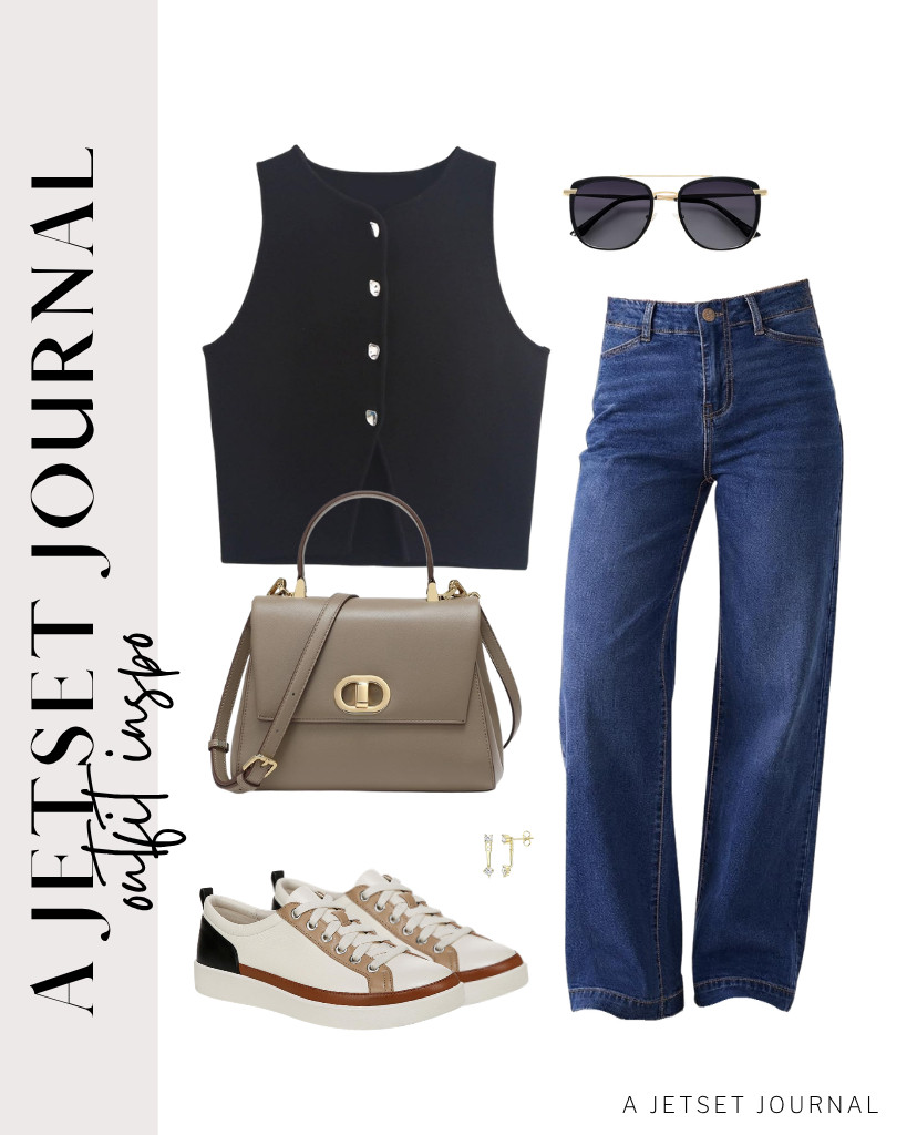 Our last outfit is a pair of a black cropped knit vest and wide-leg jeans from GRAPENT. These Vionic lace-up shoes are perfect for this outfit. You can style it with a top-handle satchel bag and sunnies, then pop some classy gold earrings in.



#LTKSeasonal #LTKSaleAlert #LTKTravel 

 