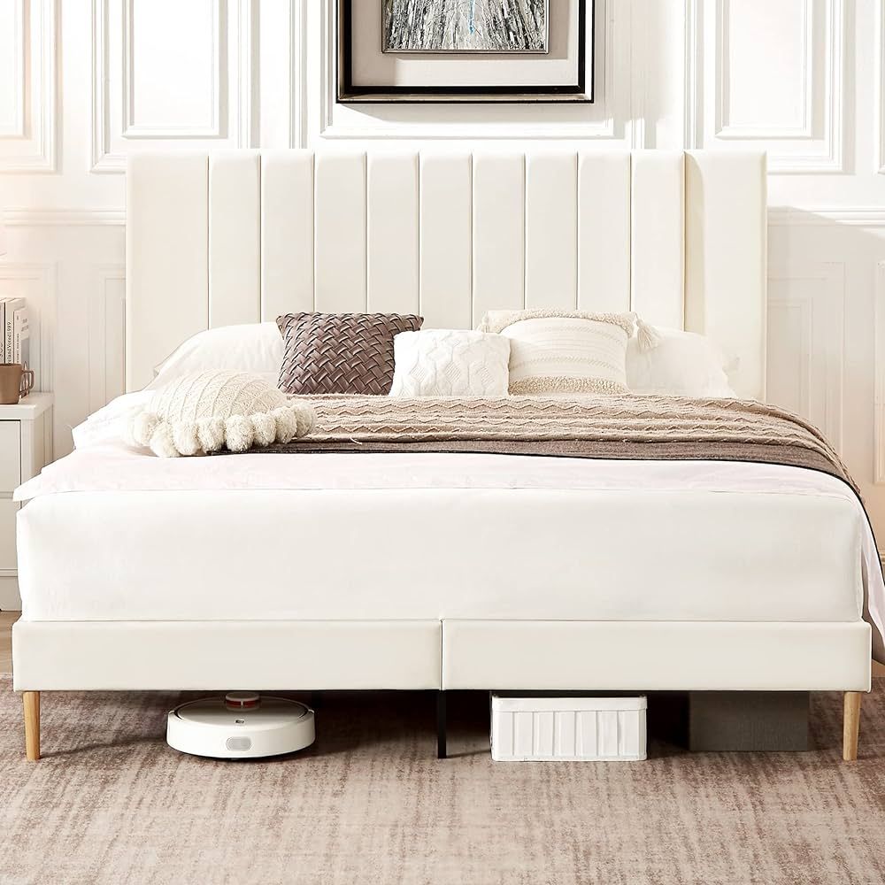Flolinda King Size Platform Bed Frame with Velvet Upholstered Headboard and Wooden Slats Support,... | Amazon (US)