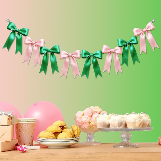 1 String of 8PCS Pink&Green Bow Garland Banner Wicked Party Decoration,Pre-Strung Satin Ribbon Or... | Amazon (US)