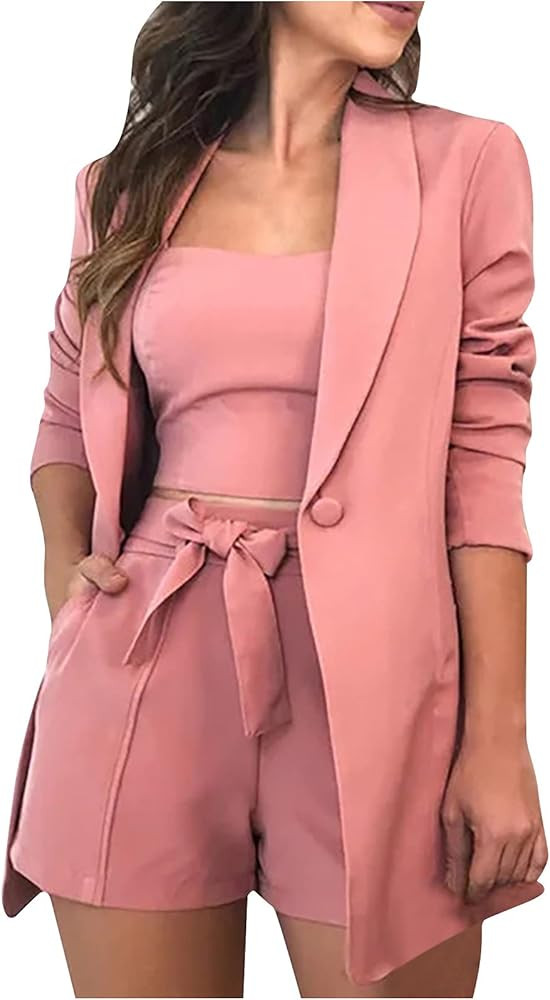 ABABC Women's Business Suit 3 Pieces Solid Crop Tank Top and Self Tie Waist Shorts，Single Button Bla | Amazon (US)