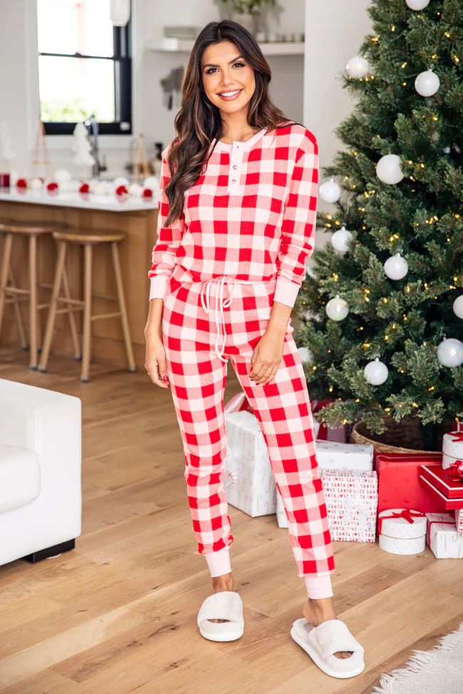 Deck The Halls Red And Pink Plaid Waffle Knit Pajama Joggers | Pink Lily