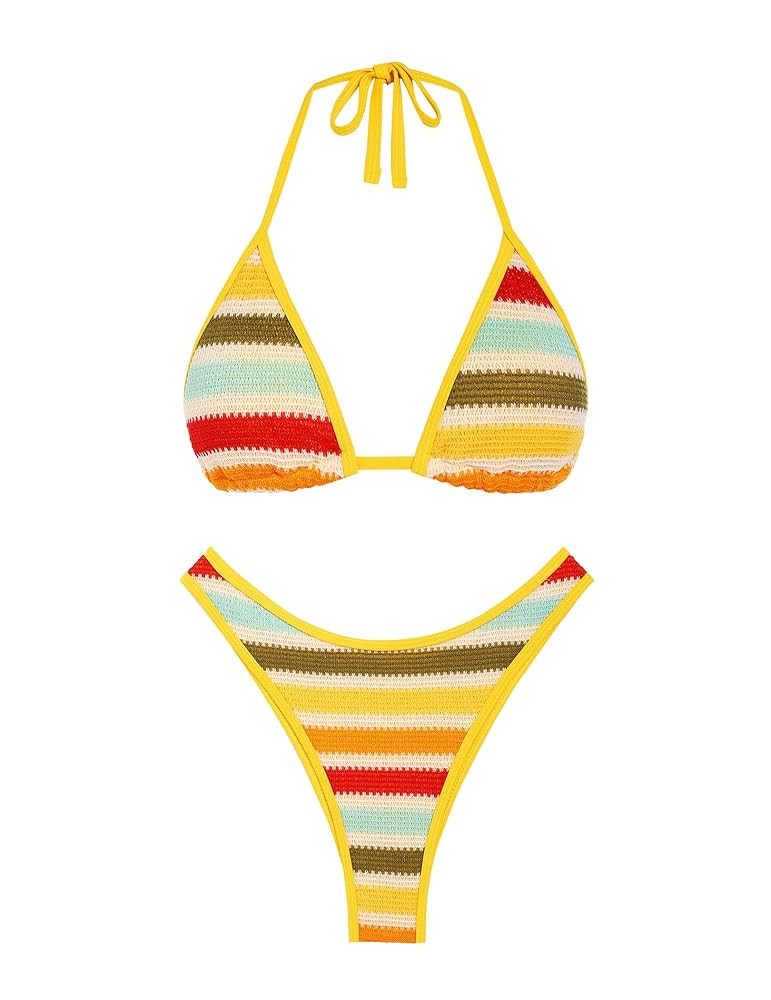 seamoly Women's Bikini Sets Halter Neck Crochet Colorblock Two Piece Swimsuits Open Back Sexy Hig... | Amazon (US)