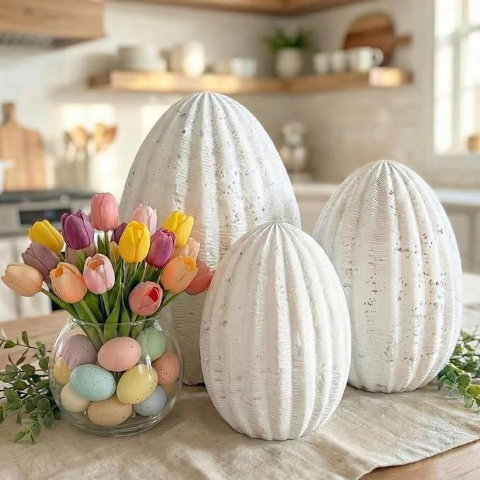 Jenaai 3 Pcs White Resin Easter Egg Decor Set - Travertine Textured Sculptures, Farmhouse Neutral... | Amazon (US)