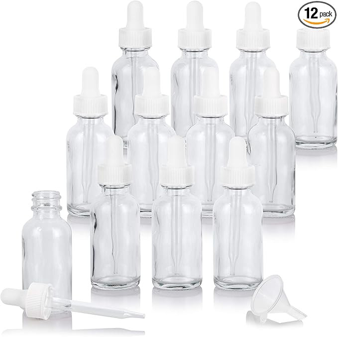 JUVITUS 1 oz / 30 ml Clear Glass Boston Round Bottle with White Dropper + Funnel (12 Pack) | Amazon (US)