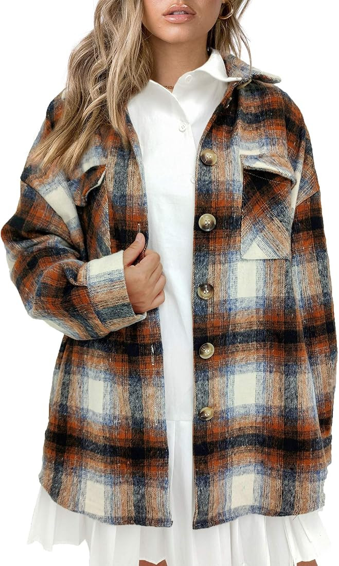 Plaid Shacket Womens Oversize Button Down Long Sleeve Wool Plaid Shacket Jacket for spring fall wint | Amazon (US)
