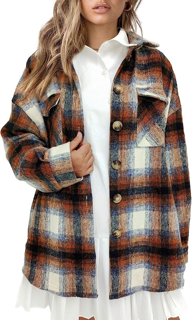 Plaid Shacket Womens Oversize Button Down Long Sleeve Wool Plaid Shacket Jacket for spring fall wint | Amazon (US)