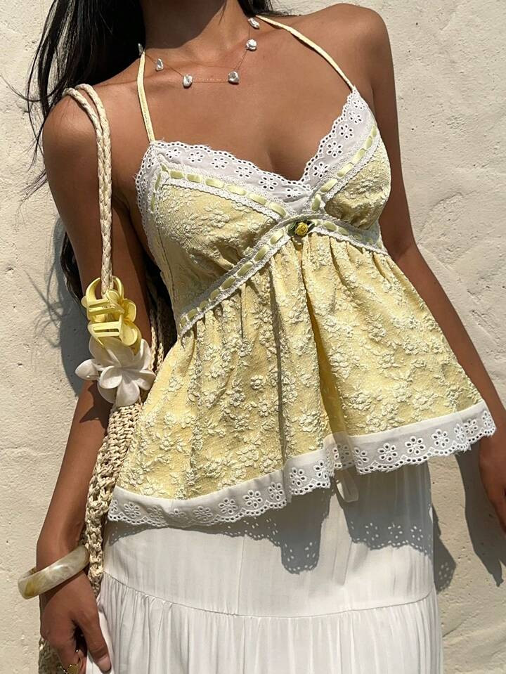 Sunnyshic Women's Cute Lace Trim Backless Halter Top | SHEIN