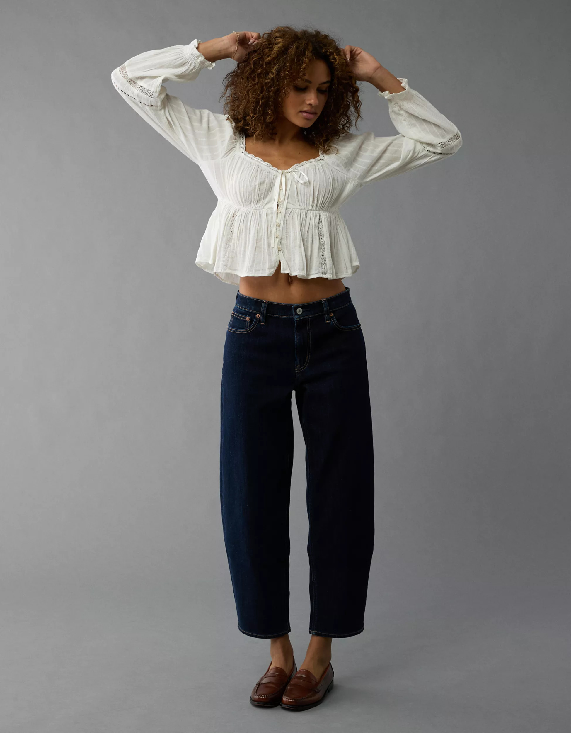 AE Long-Sleeve Babydoll Blouse | American Eagle Outfitters (US & CA)