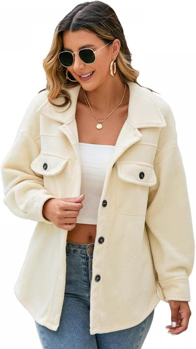 Comeon Womens Casual Long Sleeve Lapel Fleece Shacket Jacket Button Down Sherpa Fuzzy Fall Winter... | Amazon (US)