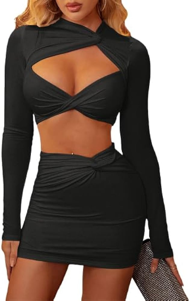 XinFSh Women’s 2 Pieces Skirt Long Sleeve Crop Top Cut Out Twist Front Outfits Bodycon Dress fo... | Amazon (US)