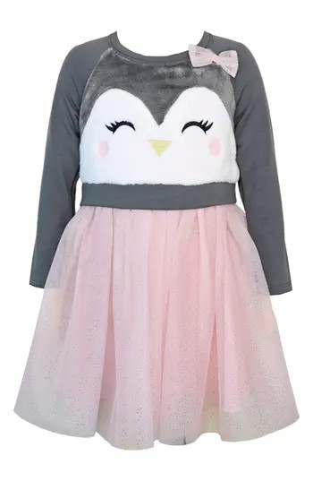 Zunie Kids' Penguin Embroidered Long Sleeve Plissé Dress in Charcoal/Blush at Nordstrom Rack, Size 4T | Nordstrom Rack