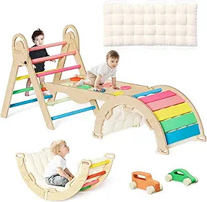 Pikler Triangle Set with Cushion, Montessori Climbing Set, Indoor Climb Toys, Indoor Playground J... | Amazon (US)