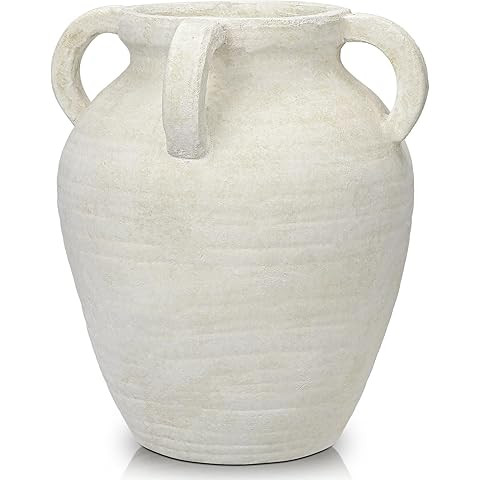 Rustic White Ceramic Vase, Wide Mouth Terracotta, Antique Decorative Flower Vase with 4 Handles, ... | Amazon (US)